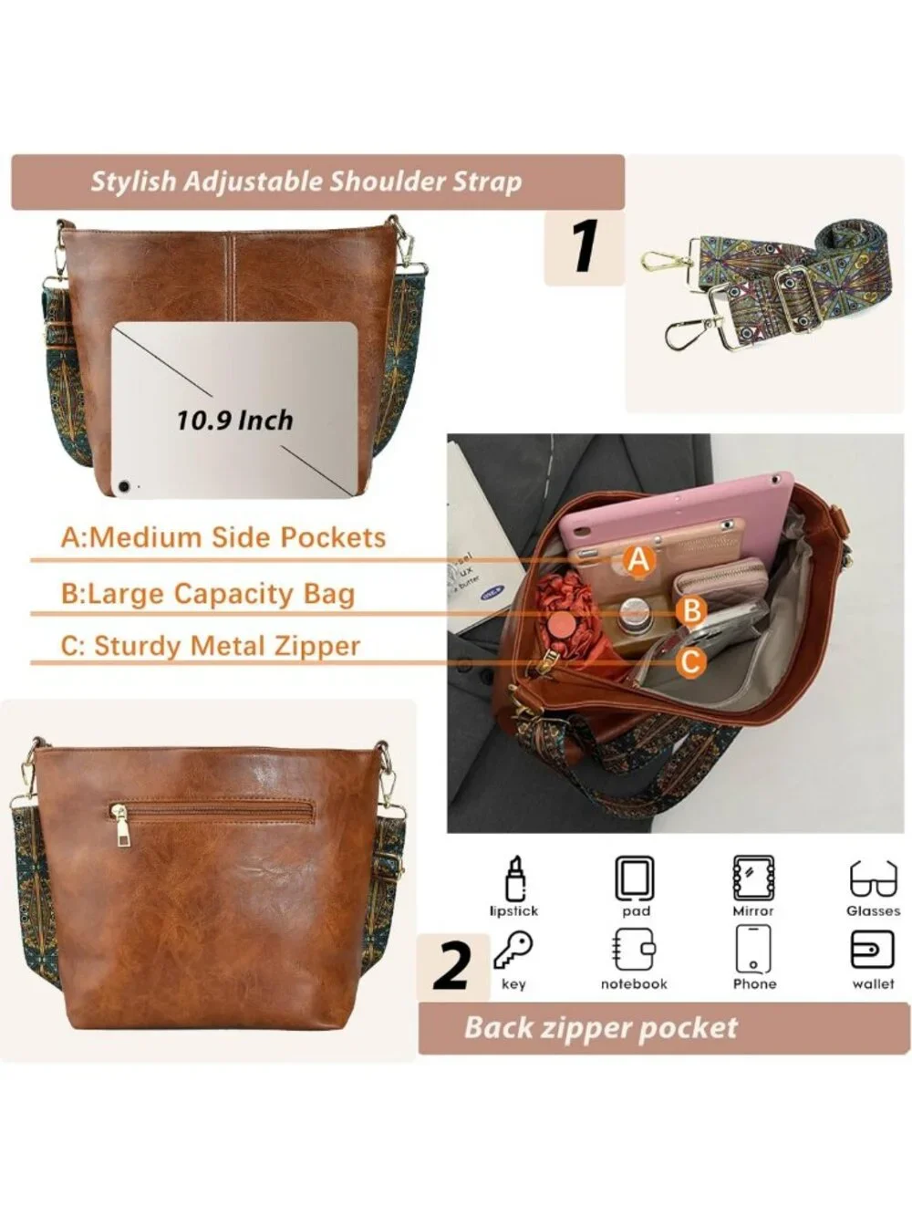 Stylish Vegan Leather Crossbody Hobo Bag with Guitar Strap & Zipper Closure for